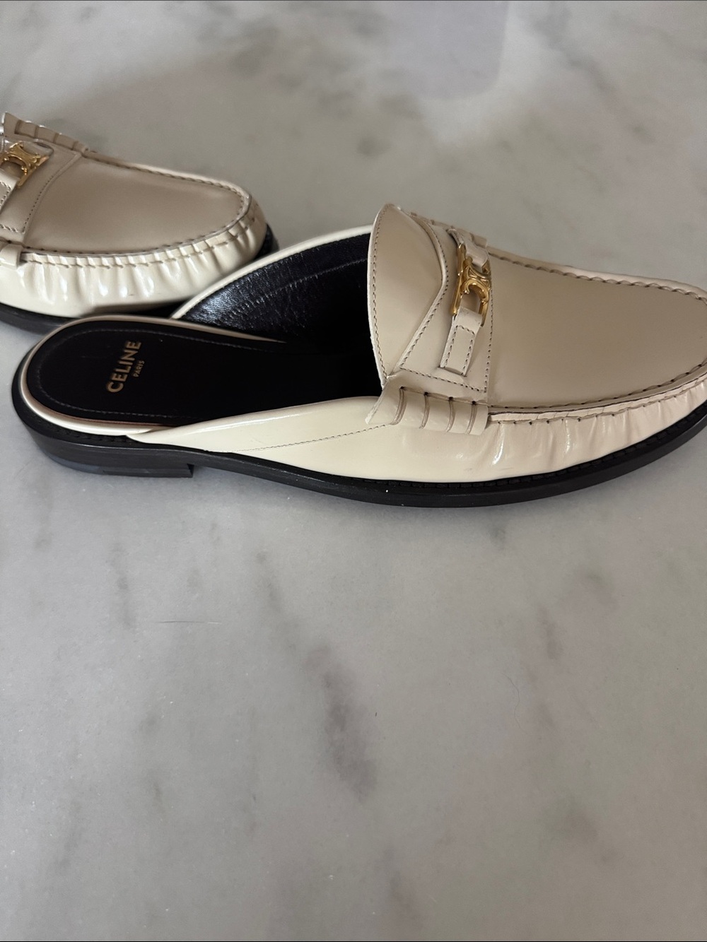 Celine Cream Leather Backless Loafer Slides with Gold Emblem - Picture 4 of 6